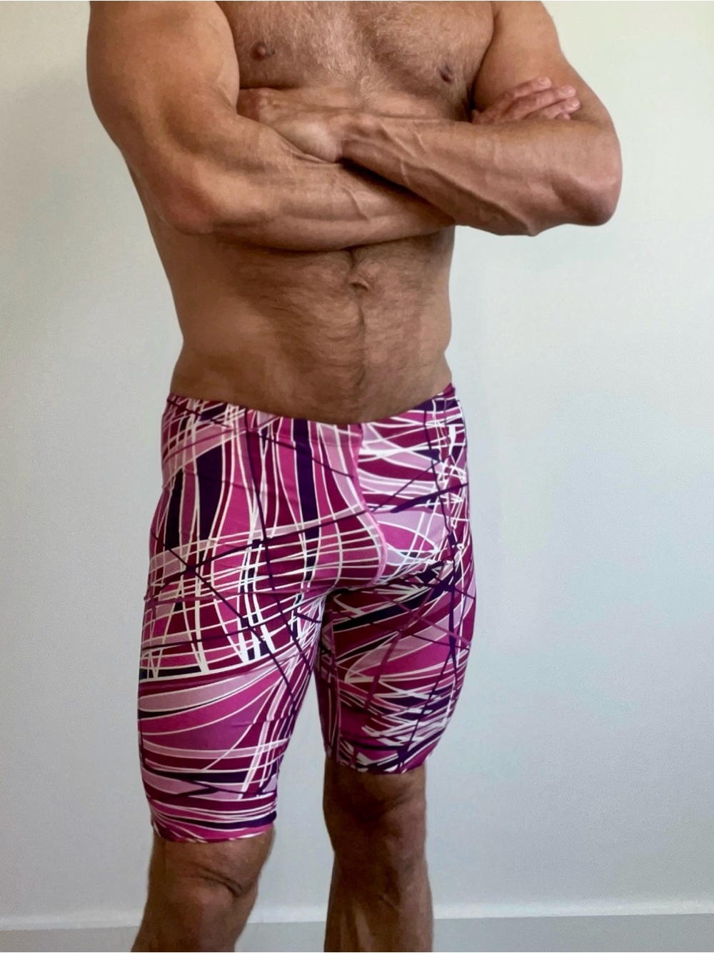 Men's Pink Abstract Performance Jammer Swim Shorts, Size 32